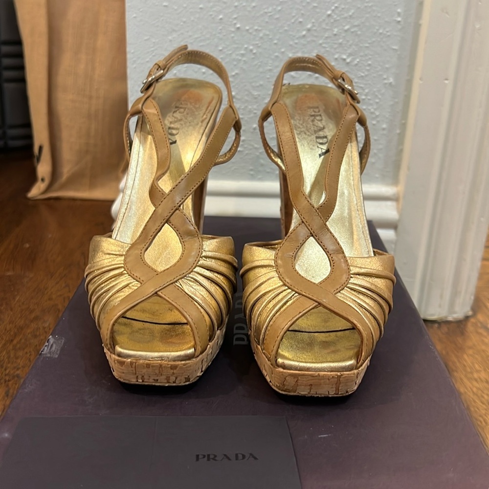 Prada Gold and Tan Peep Toe Sling Back Cork Platform Sandal